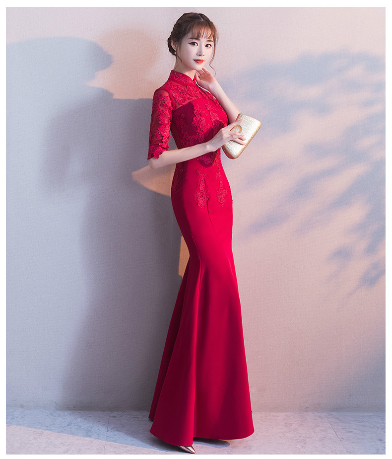 時尚福連文苑中式禮服，紅色蕾絲花朵魚尾晚禮服