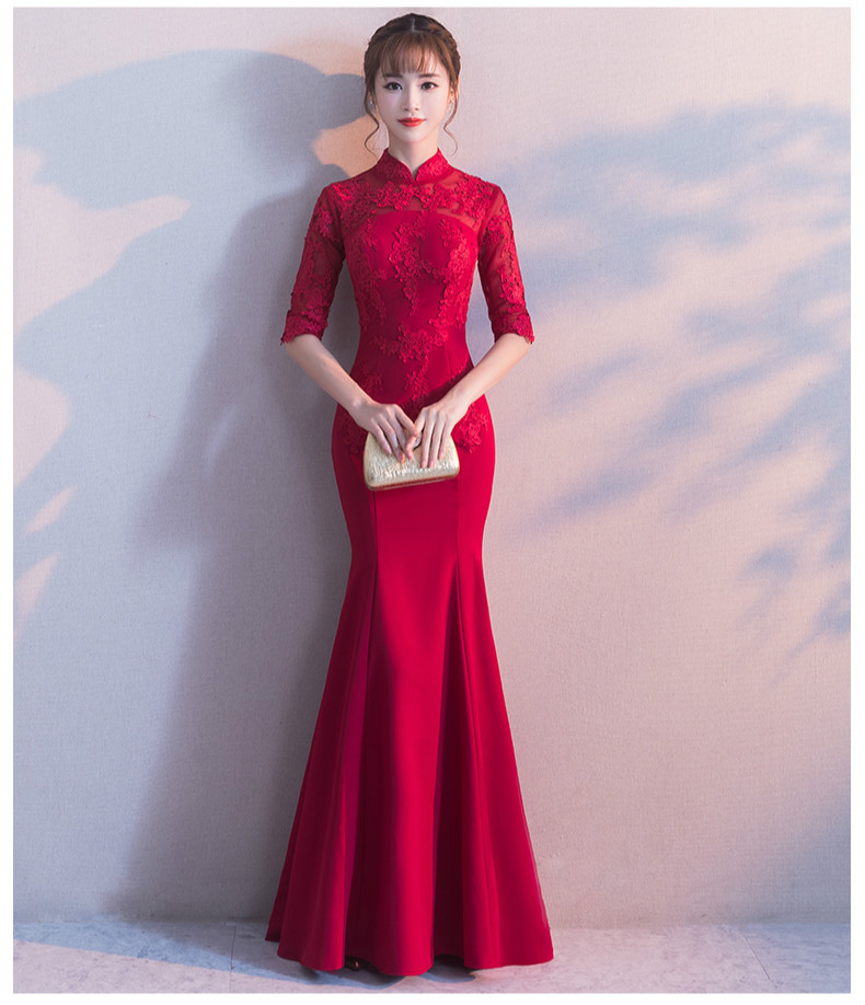 時尚福連文苑中式禮服，紅色蕾絲花朵魚尾晚禮服