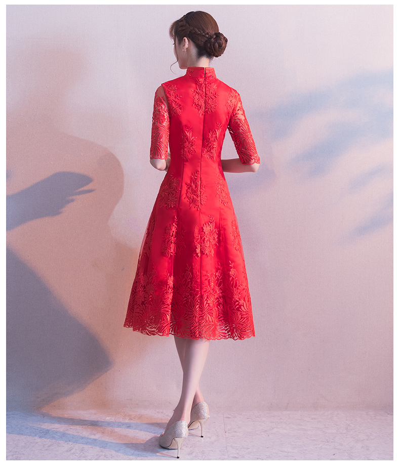 中袖立領(lǐng)中式禮服，復(fù)古福連文苑紅色晚禮服