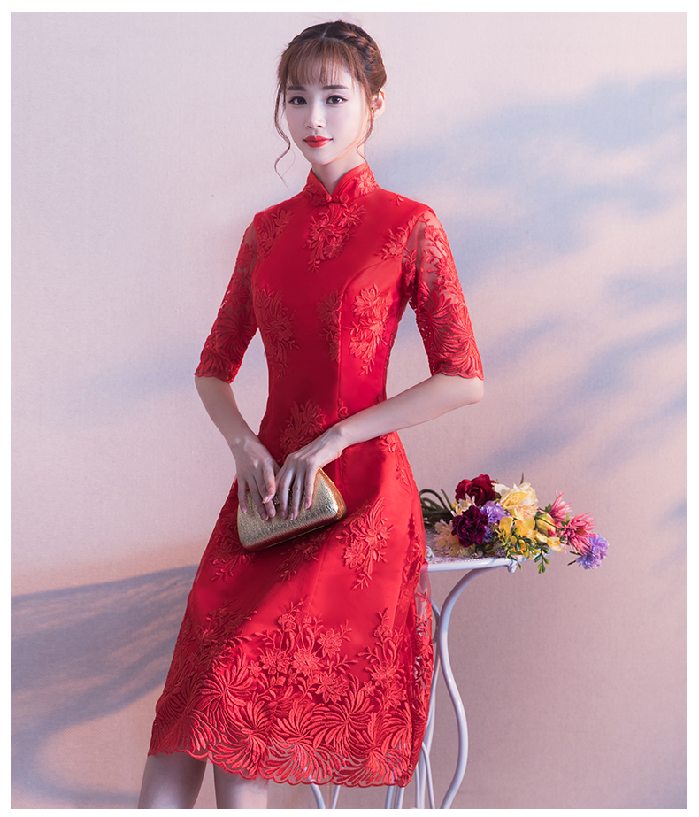 中袖立領(lǐng)中式禮服，復(fù)古福連文苑紅色晚禮服