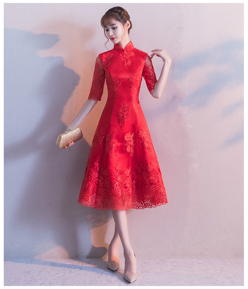 中袖立領(lǐng)中式禮服，復(fù)古福連文苑紅色晚禮服