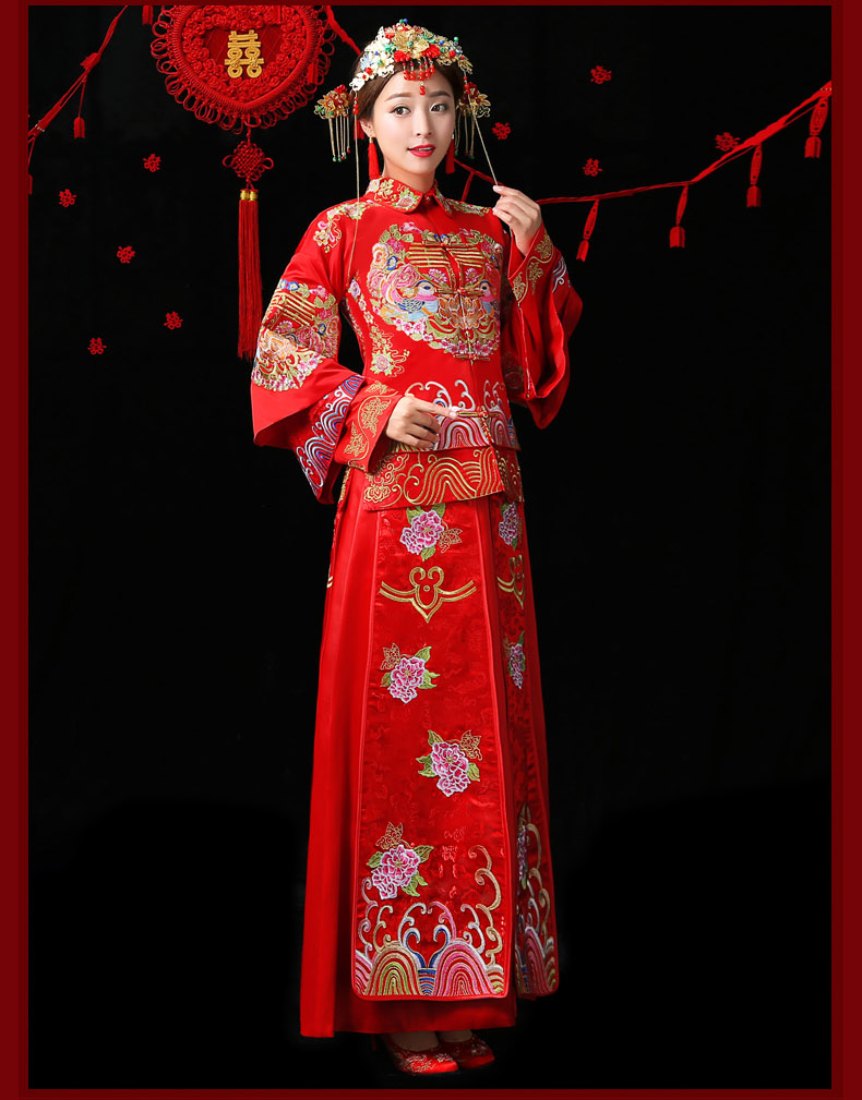 古典福連文苑中式禮服，紅色結(jié)婚新娘禮服