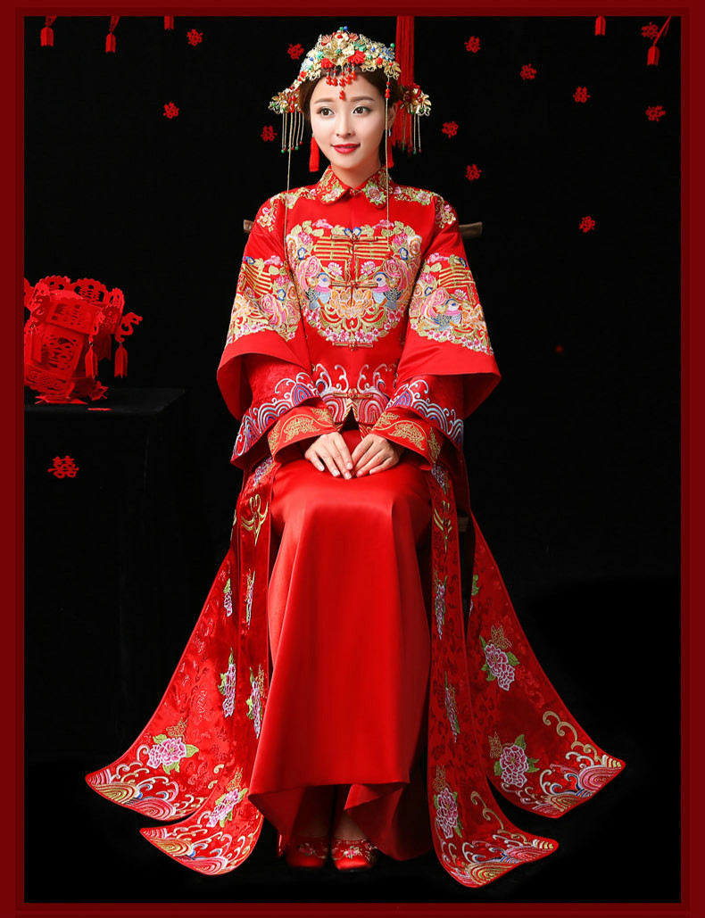 古典福連文苑中式禮服，紅色結(jié)婚新娘禮服