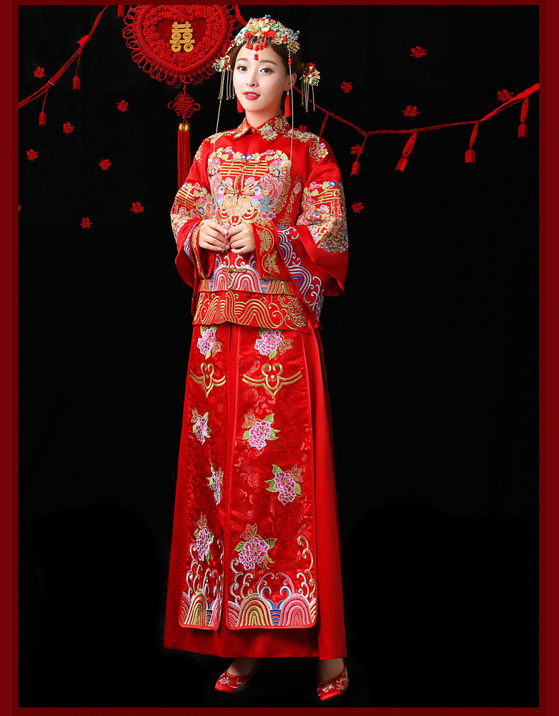 古典福連文苑中式禮服，紅色結(jié)婚新娘禮服