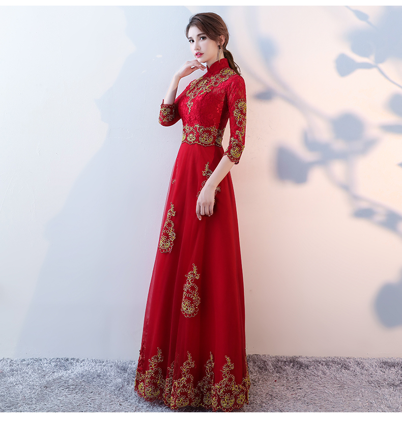 端莊典雅中式禮服，紅色蕾絲長款晚禮服