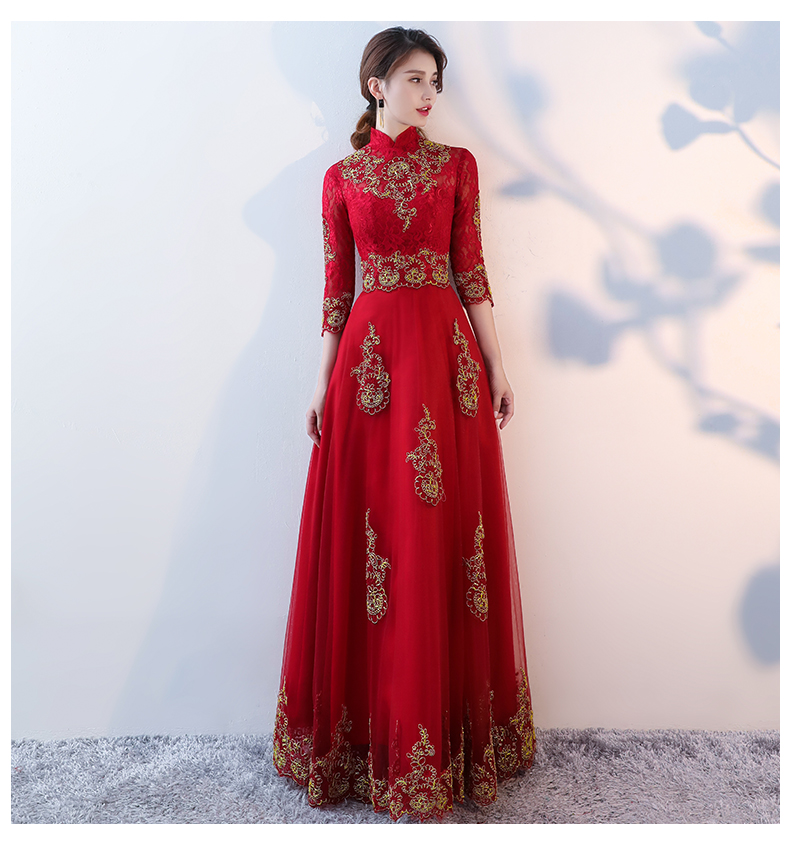 端莊典雅中式禮服，紅色蕾絲長款晚禮服