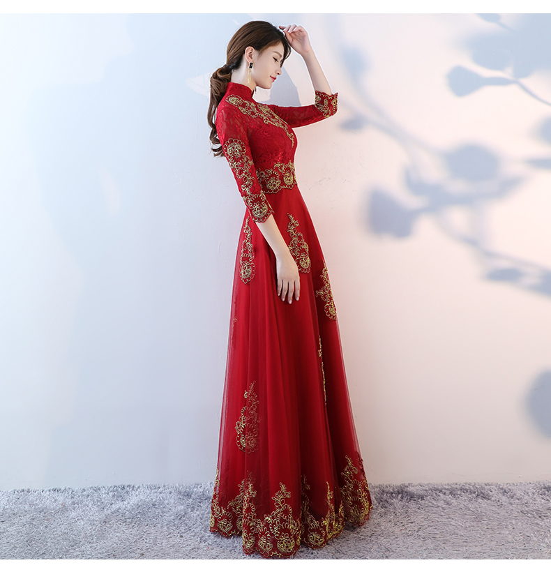 端莊典雅中式禮服，紅色蕾絲長款晚禮服