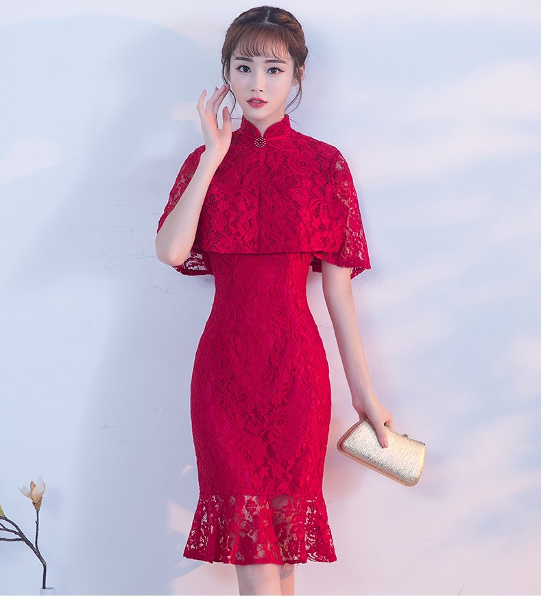 蕾絲披肩中式禮服，時(shí)尚荷葉邊魚尾裙晚禮服