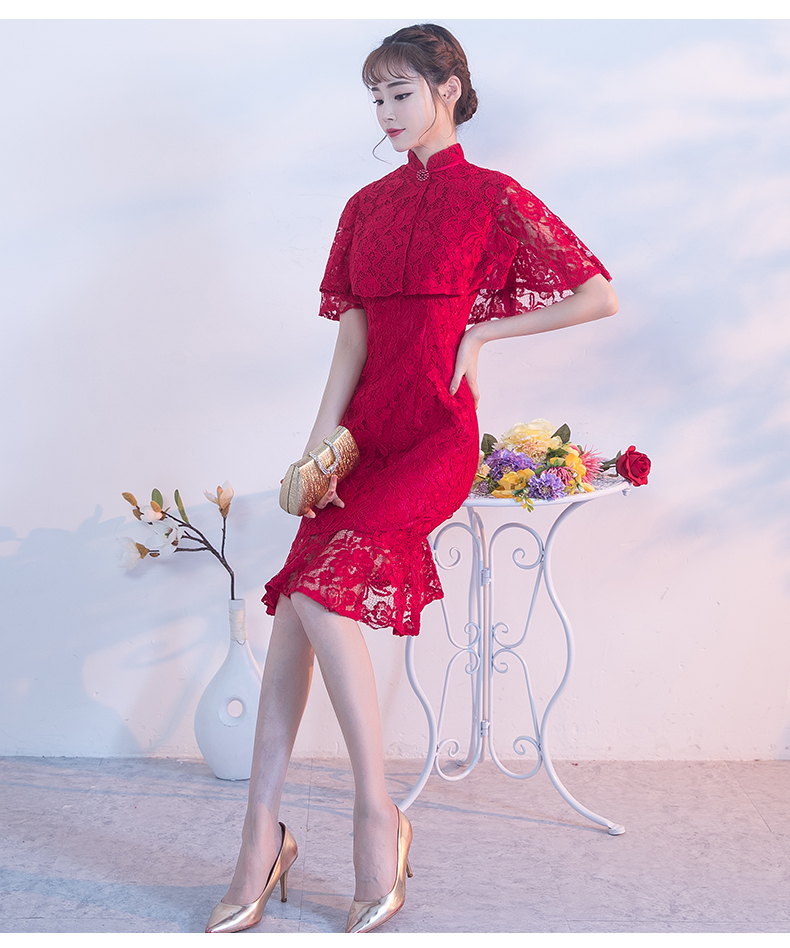 蕾絲披肩中式禮服，時(shí)尚荷葉邊魚尾裙晚禮服