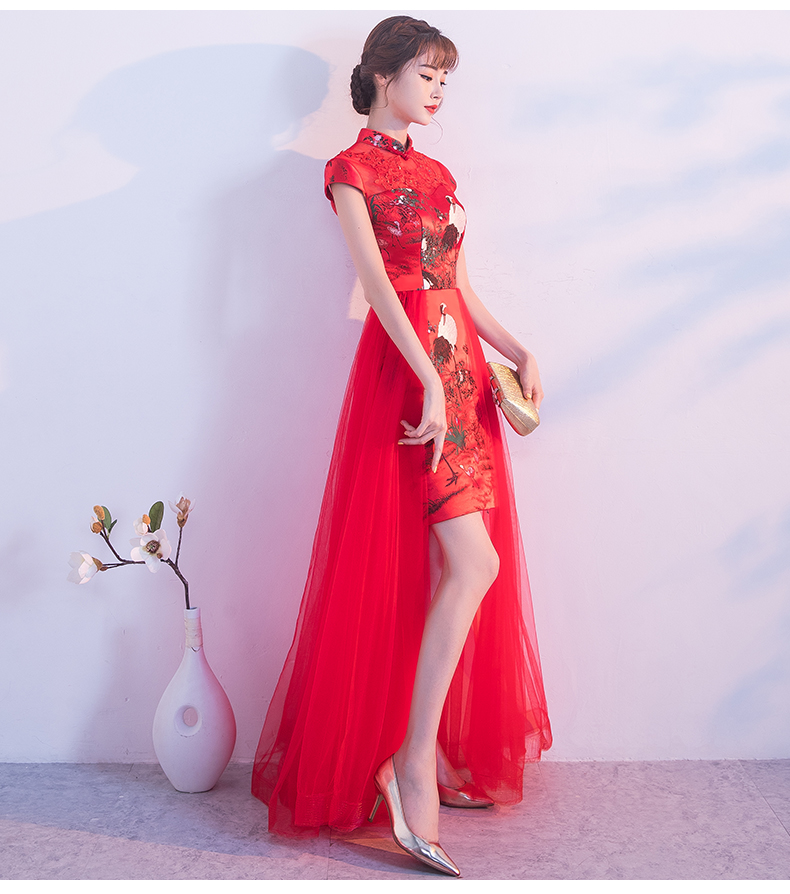 福連文苑紅色蕾絲中式禮服，時(shí)尚古典仙鶴晚禮服