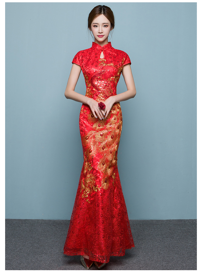 福連文苑魚(yú)尾中式禮服，紅色蕾絲繡花晚禮服