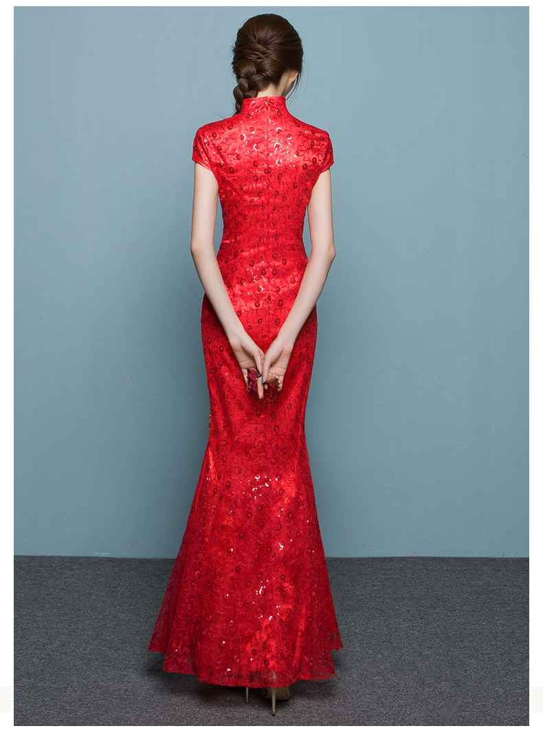 福連文苑魚(yú)尾中式禮服，紅色蕾絲繡花晚禮服