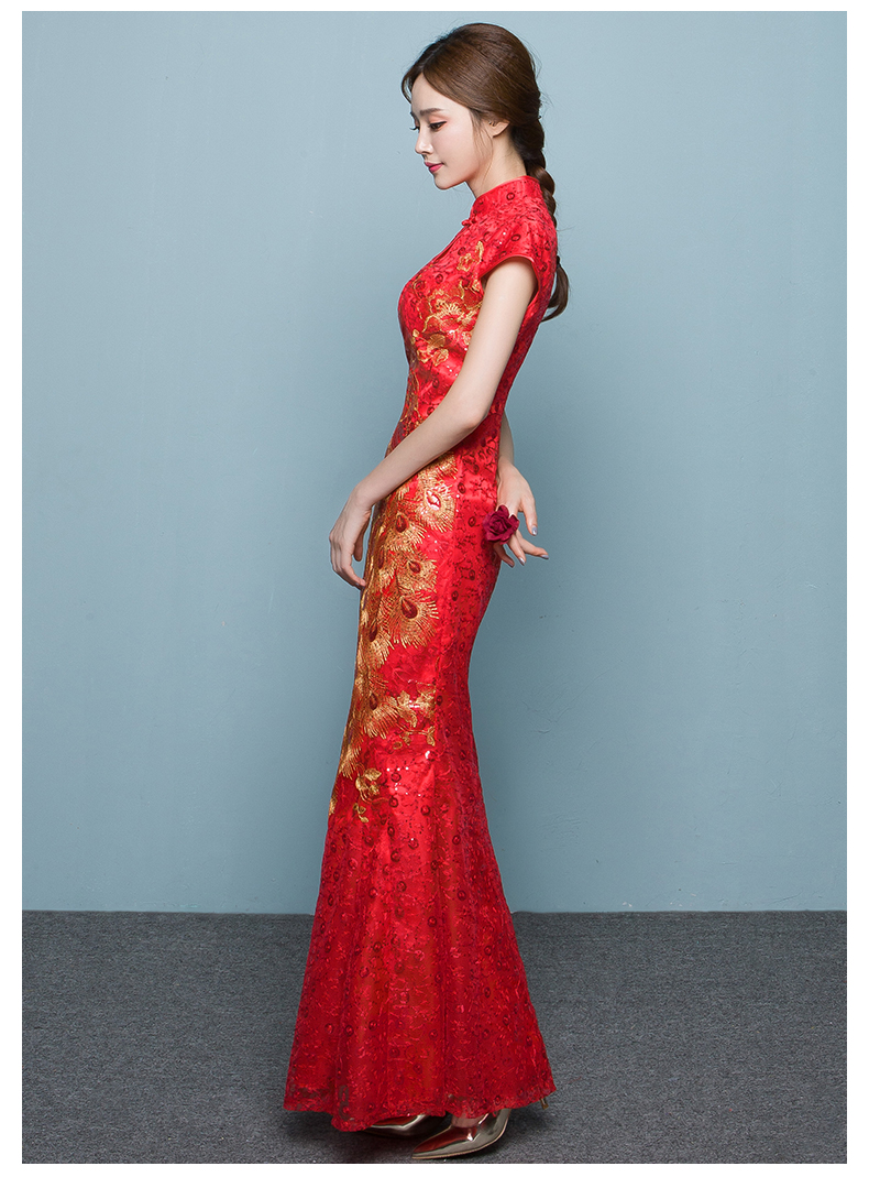 福連文苑魚(yú)尾中式禮服，紅色蕾絲繡花晚禮服