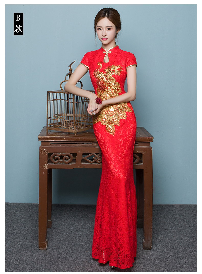 福連文苑魚尾中式禮服，孔雀繡花晚禮服