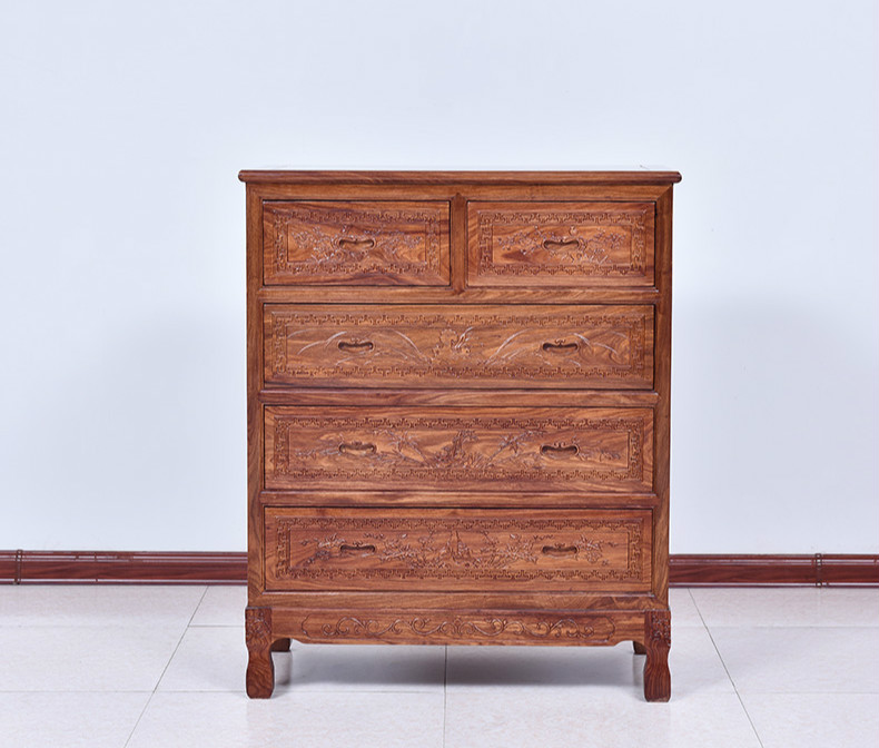 古典雕花五斗柜，仿古花梨木中式柜子