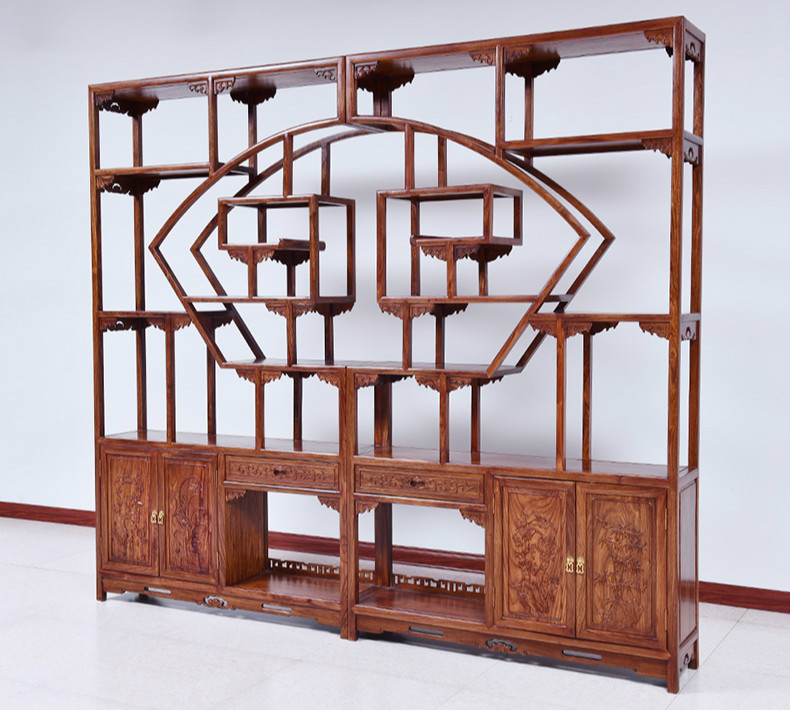紅實(shí)木中式博古架，仿古實(shí)木雕花博古架