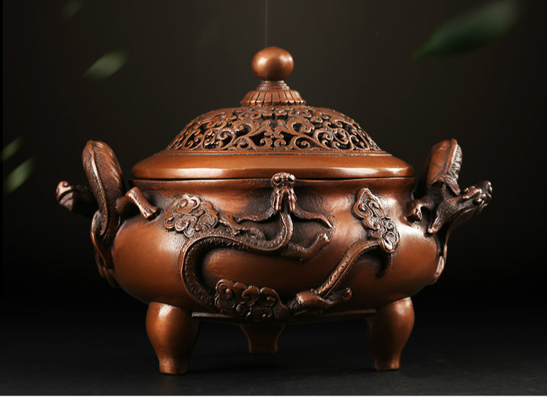 螭龍耳浮雕熏香爐，仿古三足檀香爐