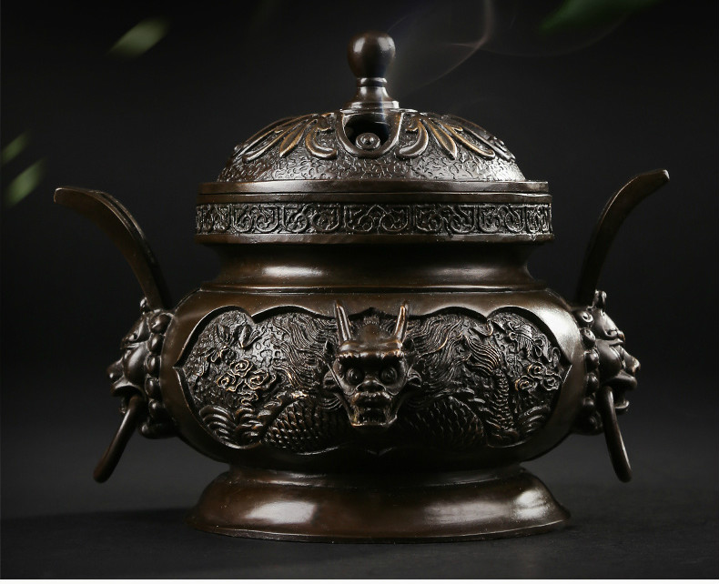 祥獅雕刻香爐，仿古神龍銅香爐