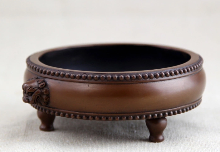 紫銅獅首耳鼓式香爐，簡(jiǎn)約無(wú)蓋熏香爐