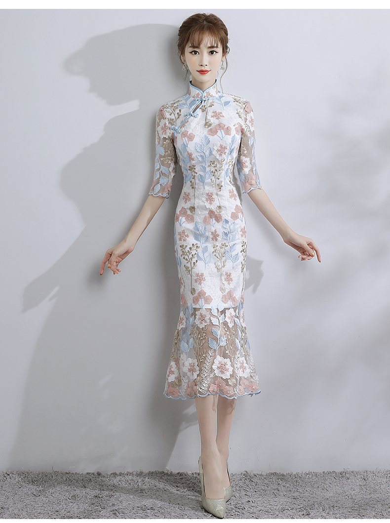 時(shí)尚氣質(zhì)淑女旗袍，改良蕾絲魚(yú)尾旗袍裙