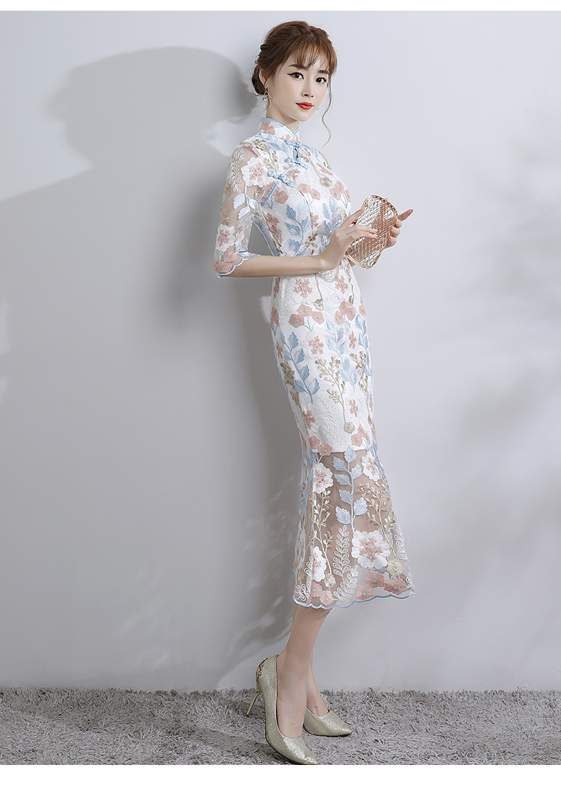 時(shí)尚氣質(zhì)淑女旗袍，改良蕾絲魚(yú)尾旗袍裙