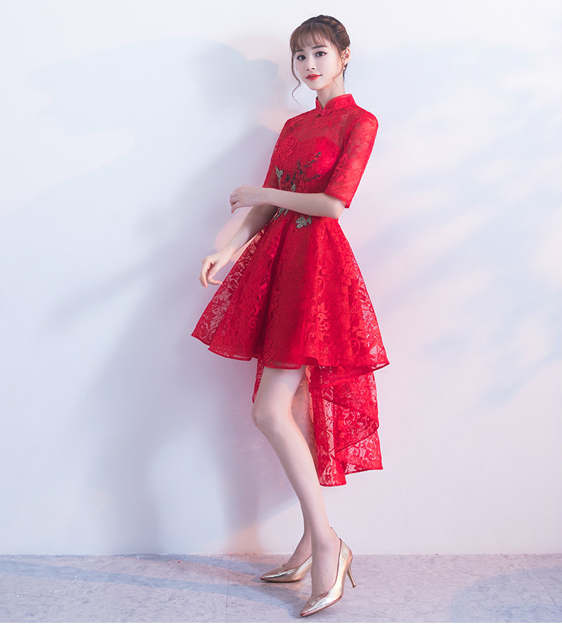 時尚蕾絲中式禮服，前長后短紅色晚禮服