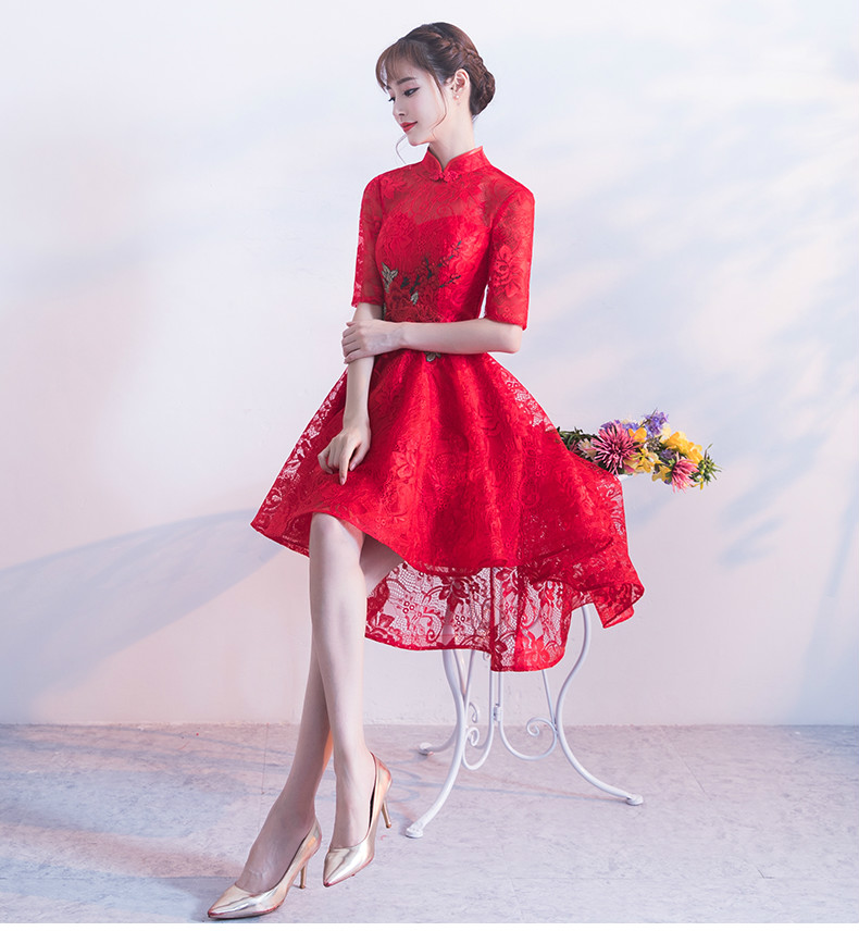 時尚蕾絲中式禮服，前長后短紅色晚禮服