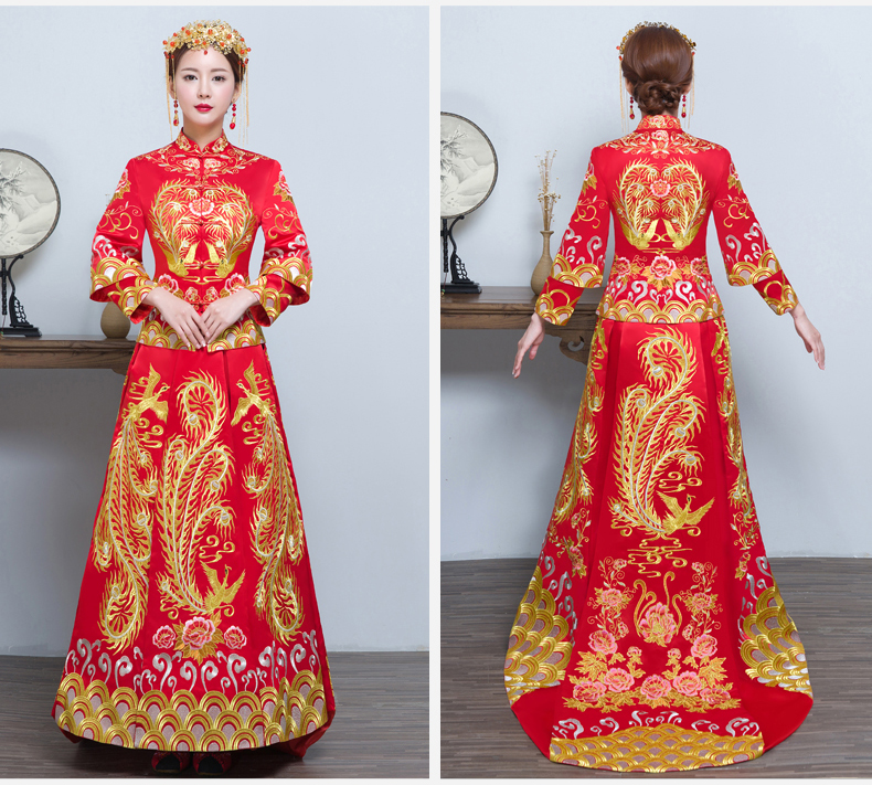 時尚福連文苑拖尾中式禮服，金線刺繡新娘禮服
