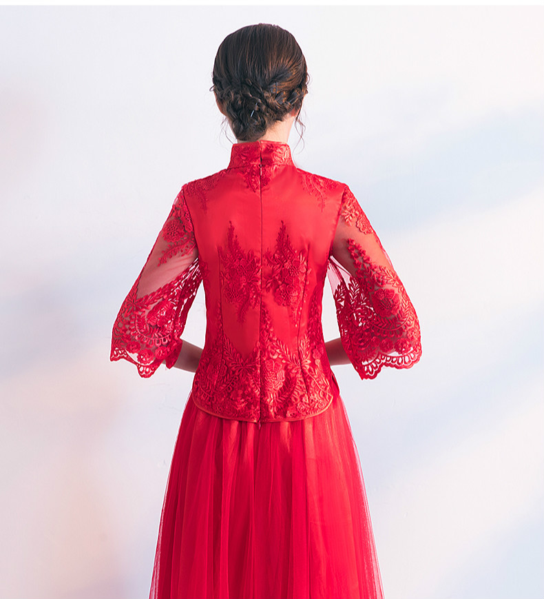蕾絲繡花中式禮服，秀禾服紅色婚紗新娘禮服