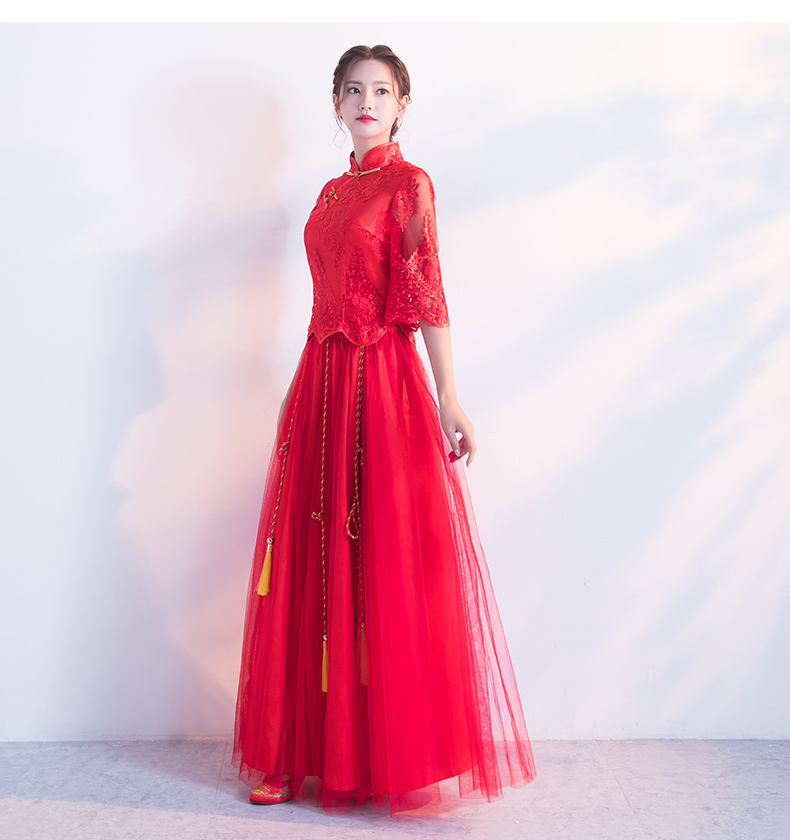 蕾絲繡花中式禮服，秀禾服紅色婚紗新娘禮服