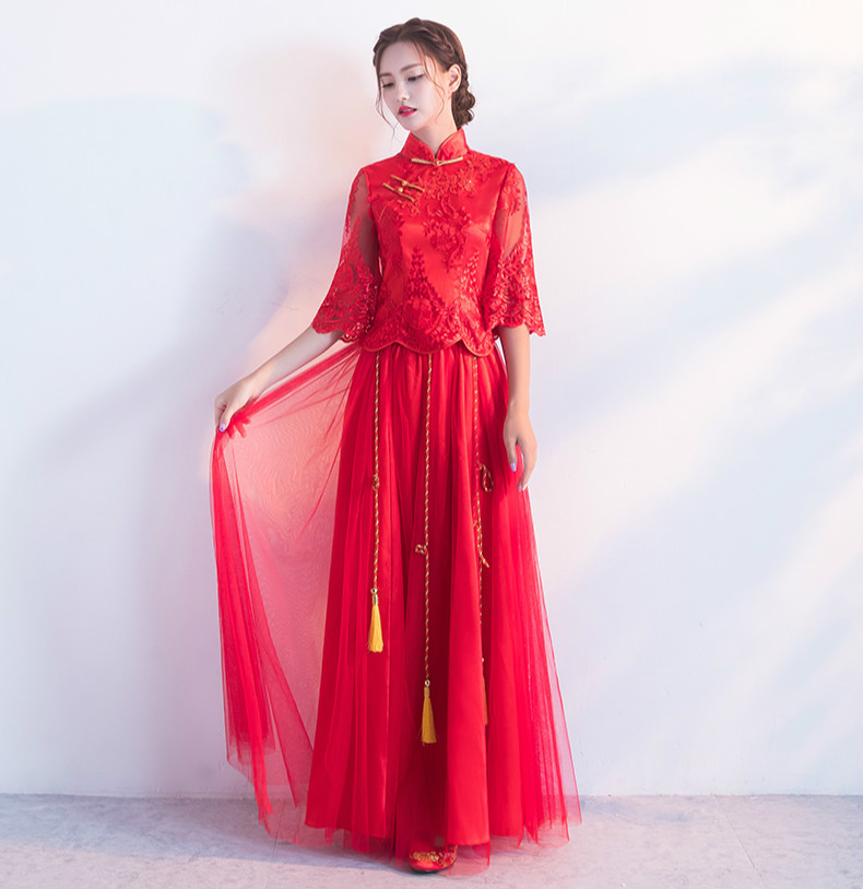 蕾絲繡花中式禮服，秀禾服紅色婚紗新娘禮服
