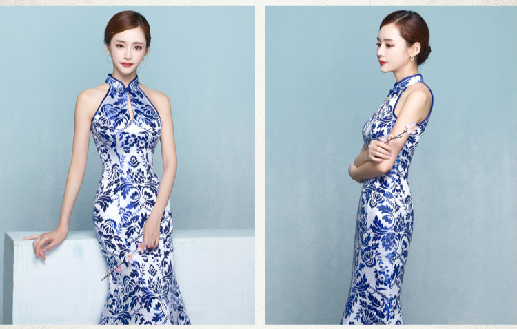 中式青花瓷旗袍禮服，時(shí)尚復(fù)古旗袍裙