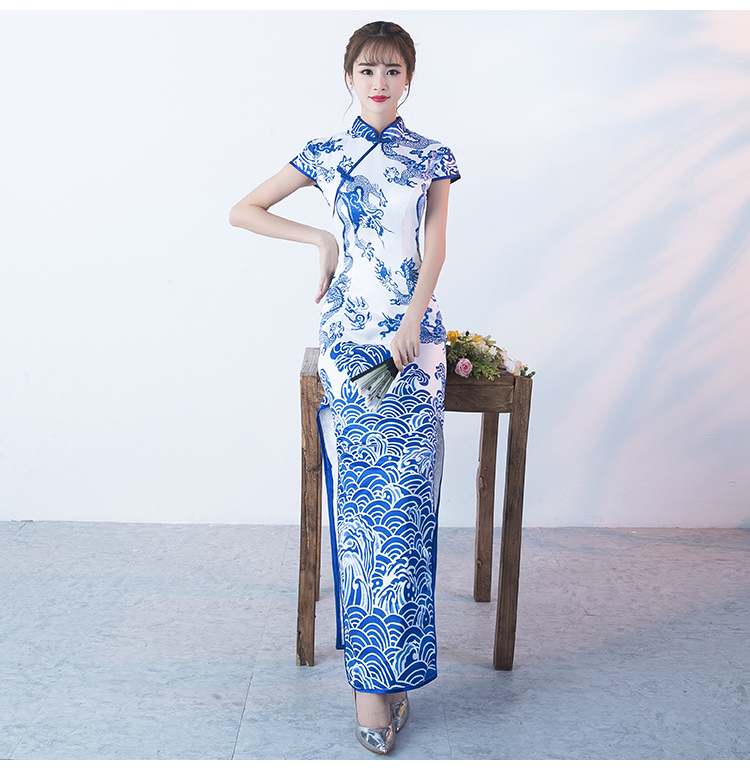 時(shí)尚青花瓷旗袍，復(fù)古優(yōu)雅旗袍裙