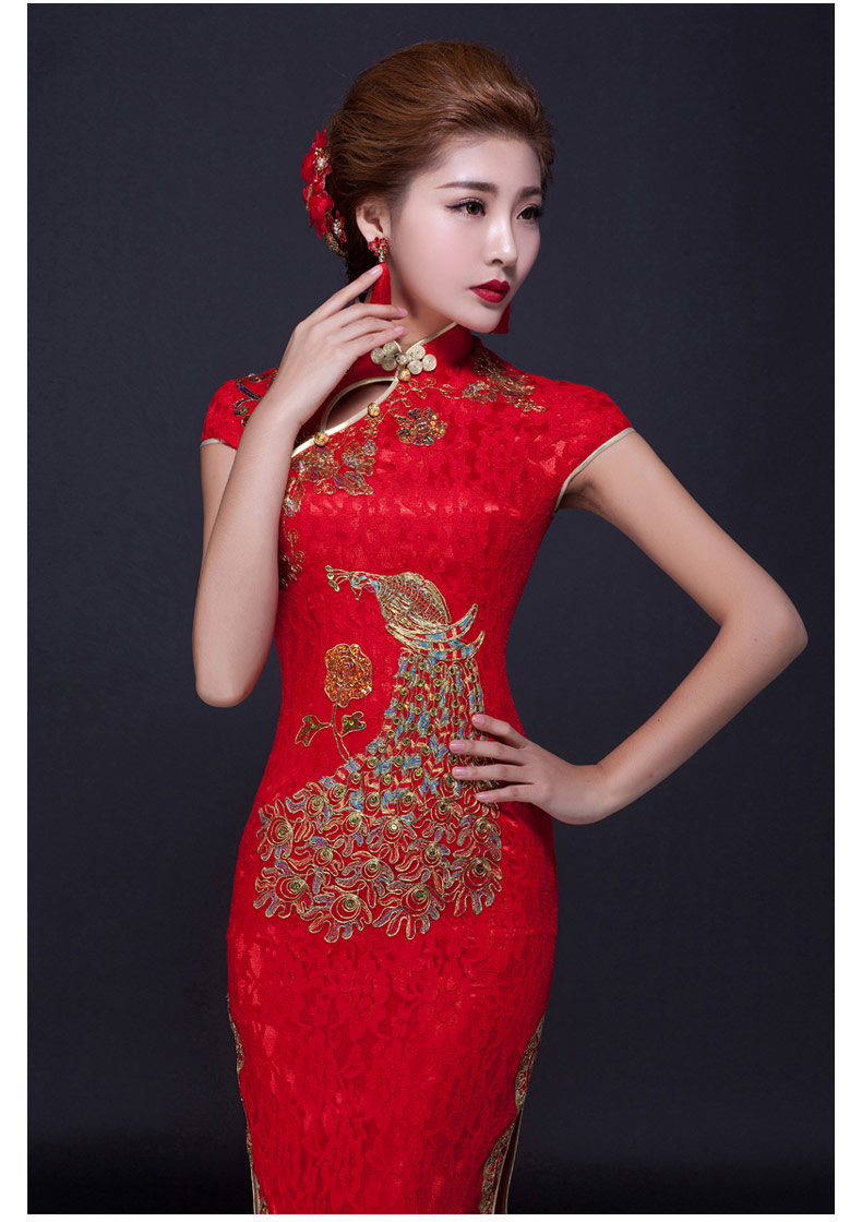 福連文苑鳳凰刺繡旗袍，復(fù)古紅色斜襟開叉旗袍裙