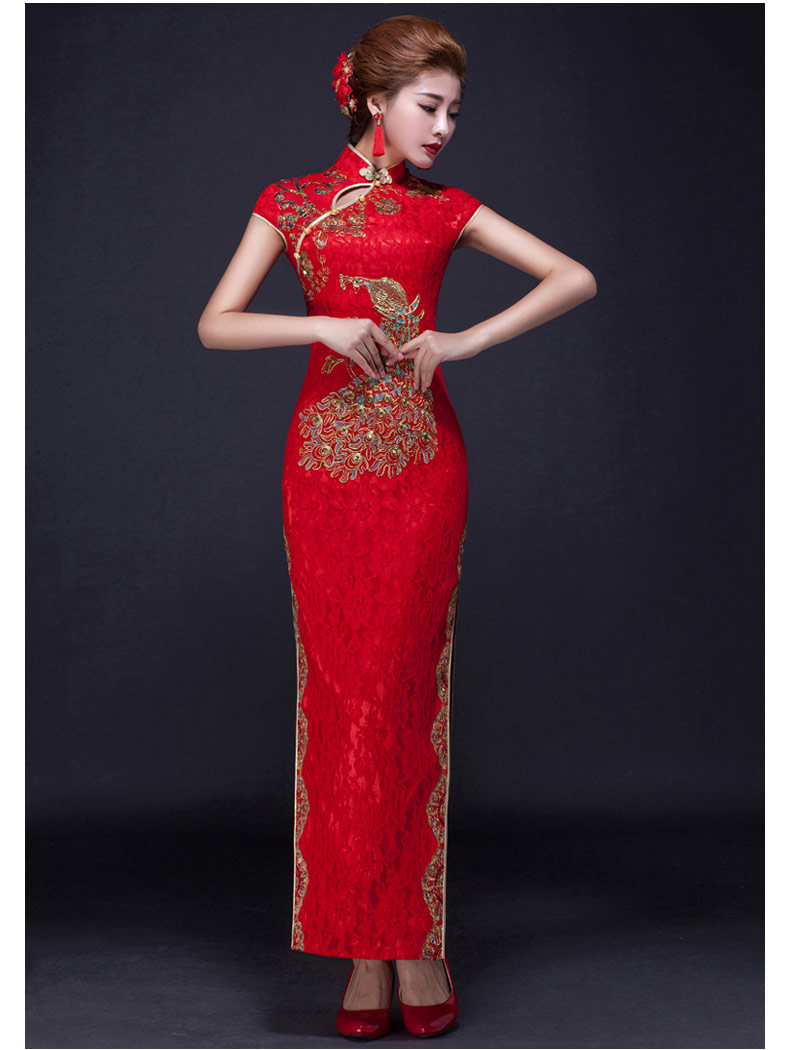 福連文苑鳳凰刺繡旗袍，復(fù)古紅色斜襟開叉旗袍裙