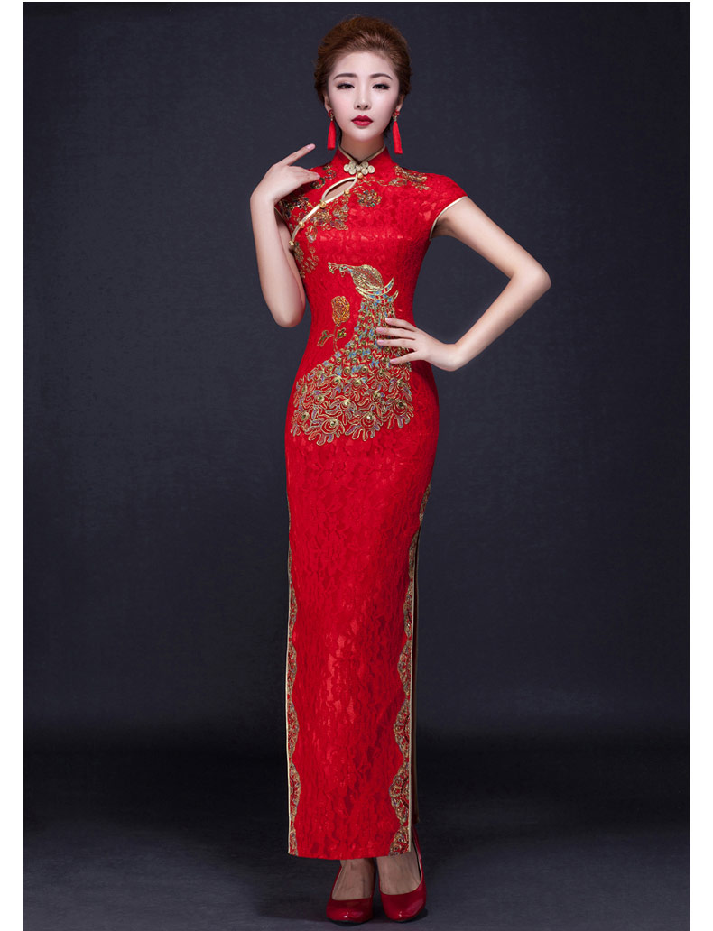 福連文苑鳳凰刺繡旗袍，復(fù)古紅色斜襟開叉旗袍裙