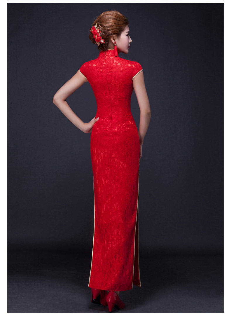 福連文苑鳳凰刺繡旗袍，復(fù)古紅色斜襟開叉旗袍裙