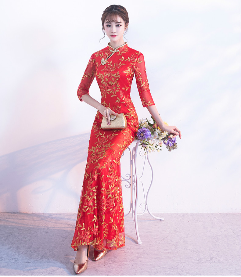 金絲葉子繡花旗袍，復(fù)古紅色旗袍裙