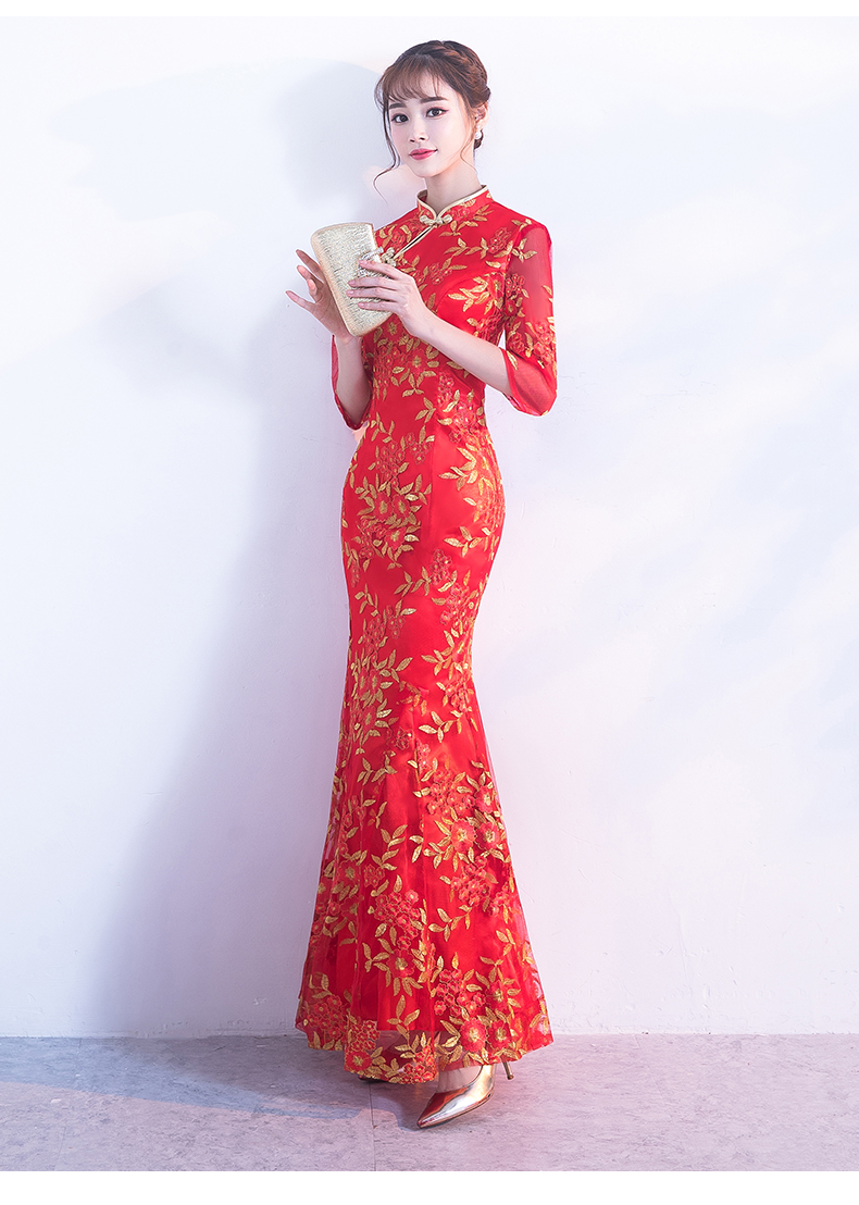 金絲葉子繡花旗袍，復(fù)古紅色旗袍裙