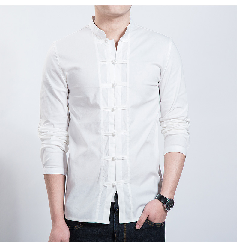 福連文苑男裝民族風(fēng)盤扣襯衣男青年中山裝