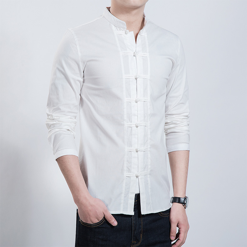 福連文苑男裝民族風(fēng)盤扣襯衣男青年中山裝