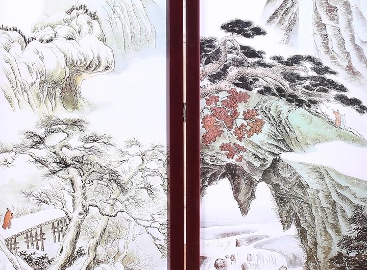 福連文苑實(shí)木古典屏風(fēng)隔斷，山水畫(huà)中式屏風(fēng)