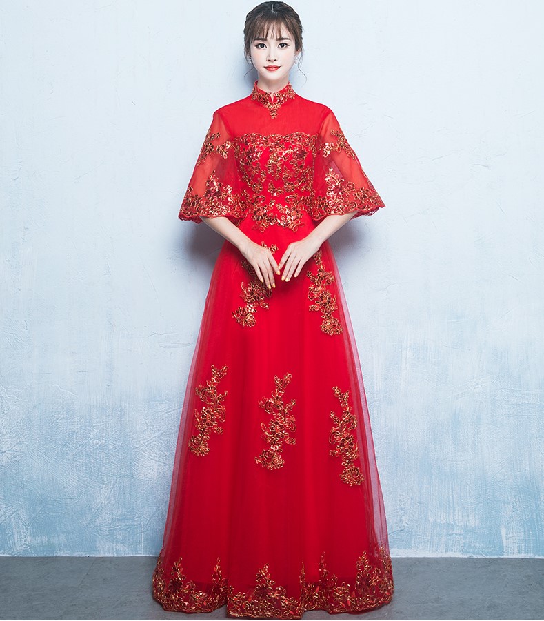 金線(xiàn)刺繡中式禮服，唯美浪漫晚禮服