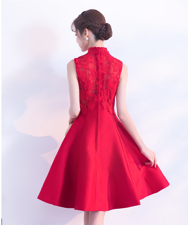 時(shí)尚無袖中式禮服，蕾絲繡花短款晚禮服