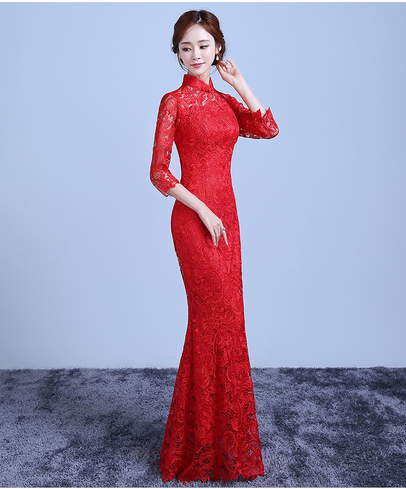 魚尾蕾絲裙擺中式禮服，復古氣質晚禮服