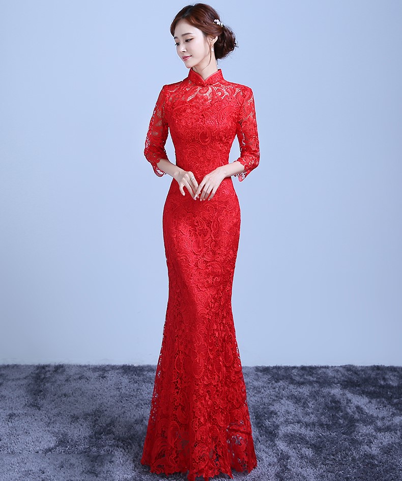 魚尾蕾絲裙擺中式禮服，復古氣質晚禮服