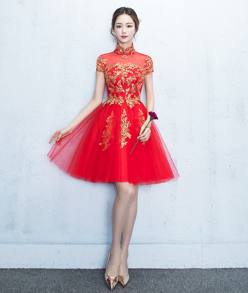 蕾絲復(fù)古立領(lǐng)中式禮服，時尚優(yōu)雅網(wǎng)紗晚禮服