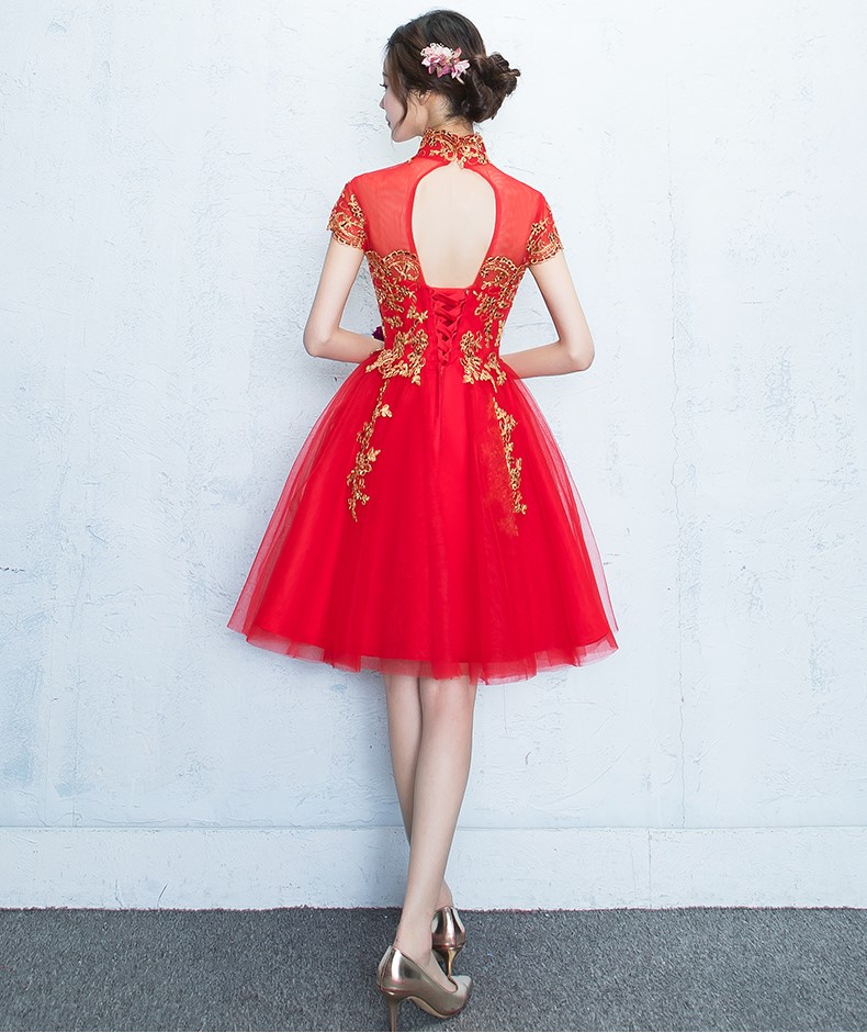 蕾絲復(fù)古立領(lǐng)中式禮服，時尚優(yōu)雅網(wǎng)紗晚禮服