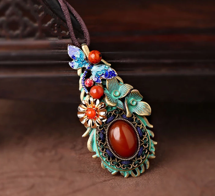 復古彩色羽毛花朵毛衣鏈，民族風項鏈首飾