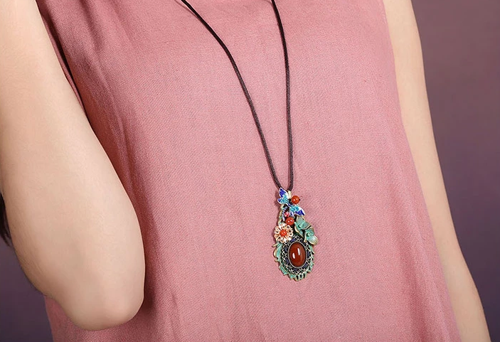 復古彩色羽毛花朵毛衣鏈，民族風項鏈首飾